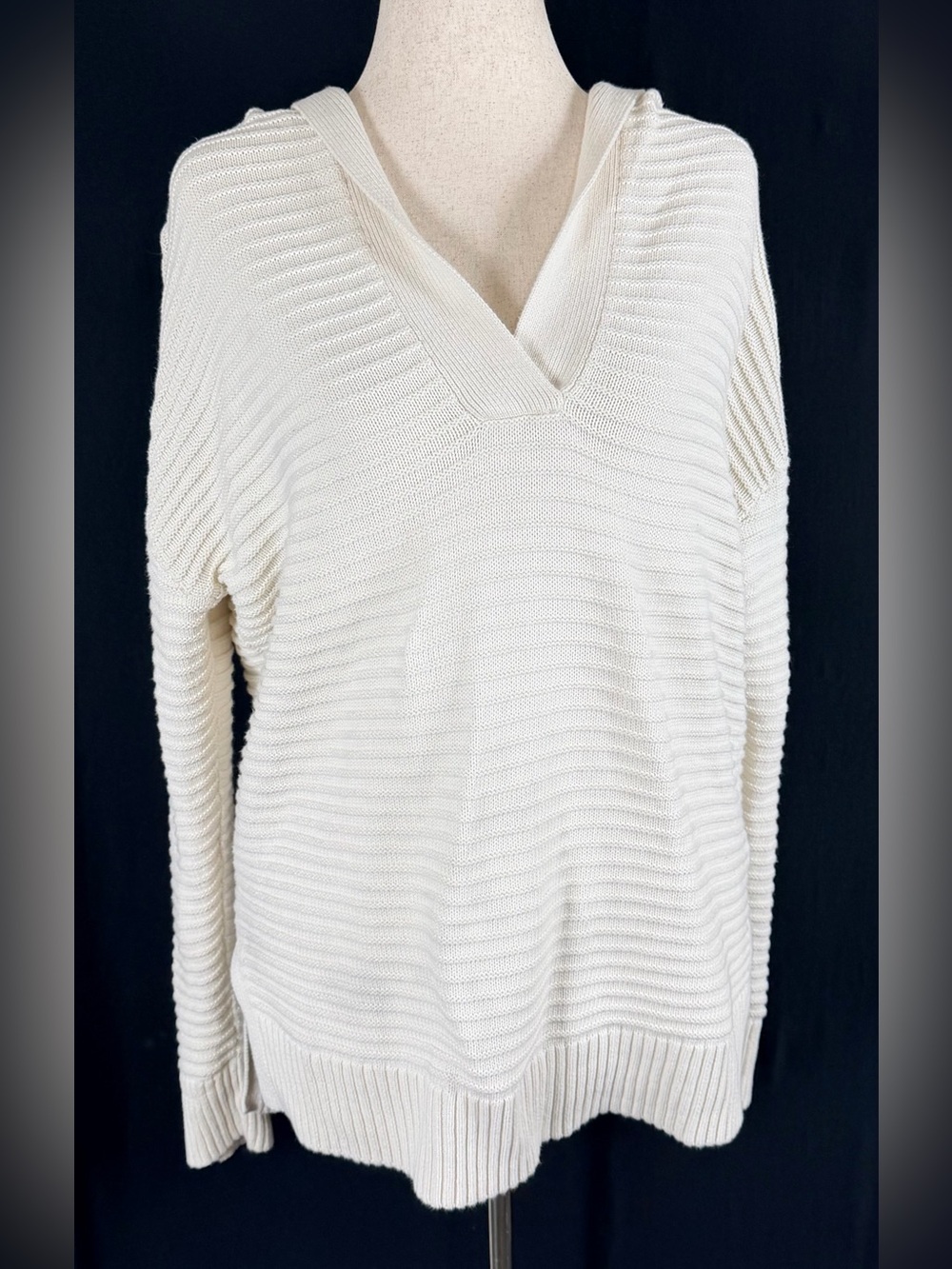 GAP Cream V-Neck Hooded Ribbed Knit Sweater oversized Cozy Cotton coastal